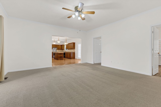 unfurnished living room with light carpet, ceiling fan, and ornamental molding