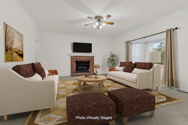 carpeted living room with a brick fireplace, ceiling fan, and ornamental molding