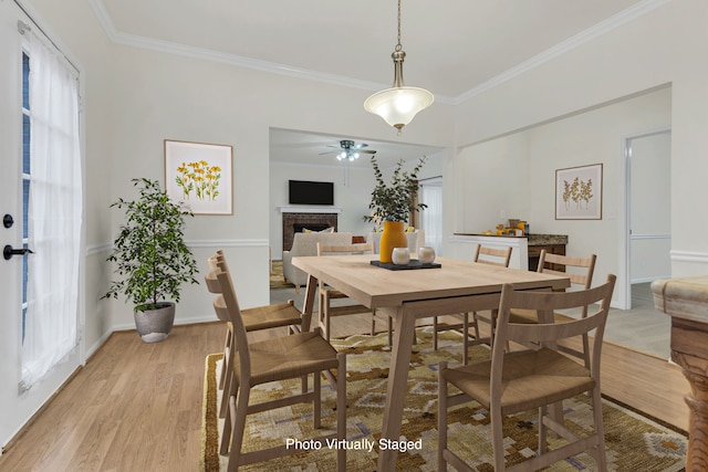 dining area with ceiling fan, crown molding, and light hardwood / wood-style flooring