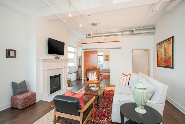 living room featuring a fireplace and dark hardwood / wood-style floors