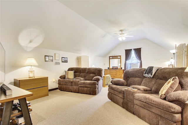 carpeted living room with vaulted ceiling and ceiling fan