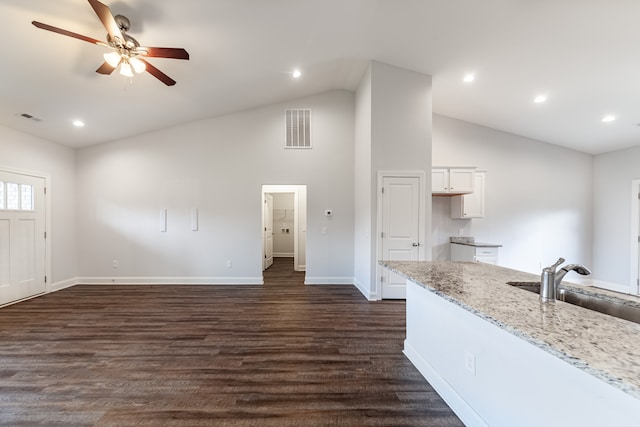 interior space featuring dark hardwood / wood-style flooring, ceiling fan, sink, and lofted ceiling