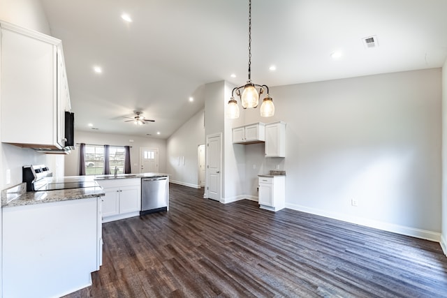 kitchen featuring black appliances, dark hardwood / wood-style floors, pendant lighting, white cabinets, and kitchen peninsula