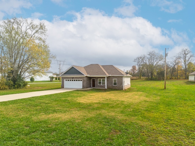 view of front of home with a garage and a front lawn