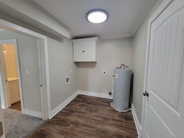 clothes washing area with cabinets, washer hookup, electric dryer hookup, dark wood-type flooring, and water heater