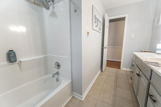 bathroom featuring shower / tub combination, vanity, and tile patterned flooring