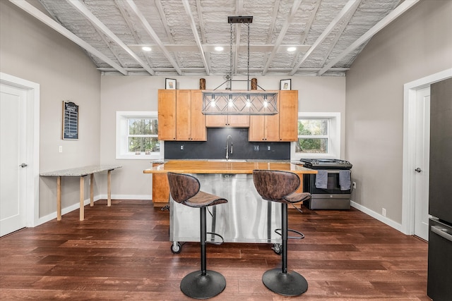 kitchen with a healthy amount of sunlight, dark hardwood / wood-style floors, and a breakfast bar area