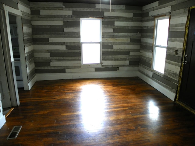 unfurnished room with wooden walls, dark hardwood / wood-style floors, and plenty of natural light