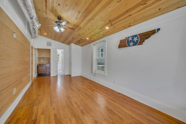 spare room featuring wood walls, ceiling fan, hardwood / wood-style floors, wood ceiling, and lofted ceiling