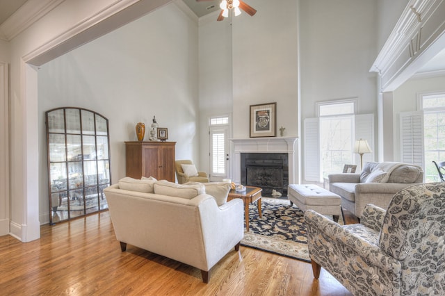 living room with a high ceiling, plenty of natural light, and light wood-type flooring