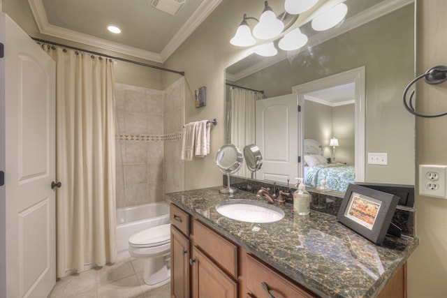 full bathroom with shower / tub combo with curtain, tile patterned flooring, vanity, ornamental molding, and toilet