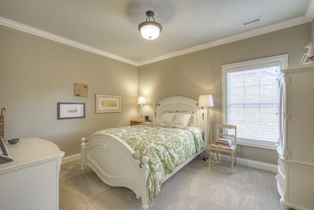 bedroom featuring light carpet, crown molding, and multiple windows