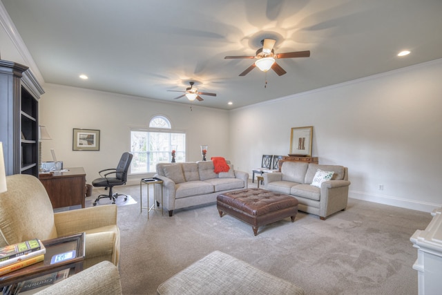 living room featuring light colored carpet, ornamental molding, and ceiling fan