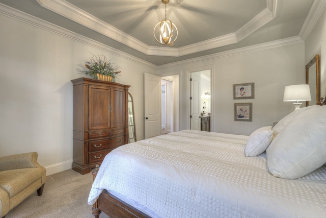 bedroom with ornamental molding, light carpet, a chandelier, and a tray ceiling