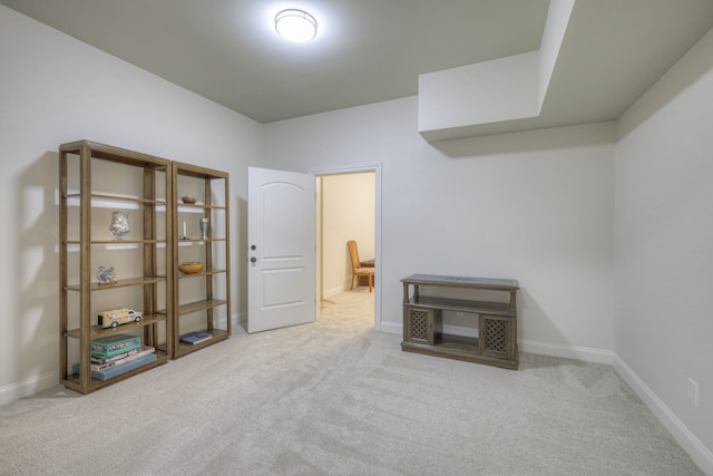 miscellaneous room featuring light colored carpet