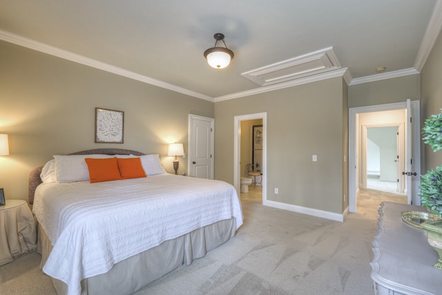 bedroom featuring crown molding and light colored carpet