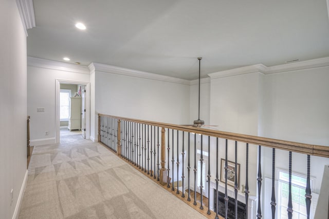 hall with crown molding and light colored carpet