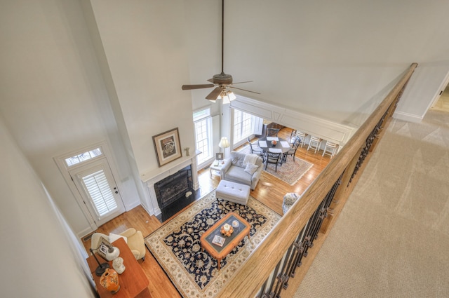 living room with a towering ceiling