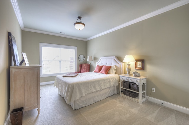 carpeted bedroom with crown molding