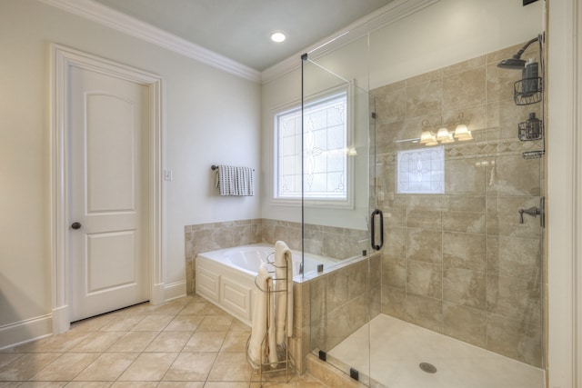 bathroom with crown molding, tile patterned floors, and independent shower and bath