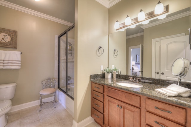 full bathroom with toilet, shower / bath combination with glass door, ornamental molding, vanity, and tile patterned flooring