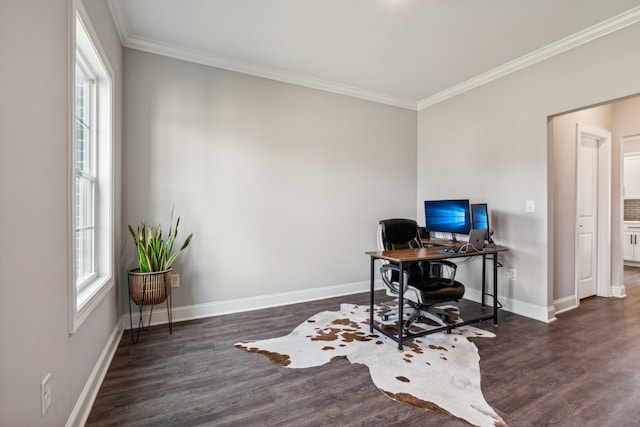 office with dark hardwood / wood-style flooring and ornamental molding