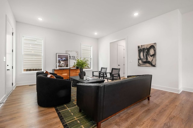 living room featuring a wealth of natural light and hardwood / wood-style flooring