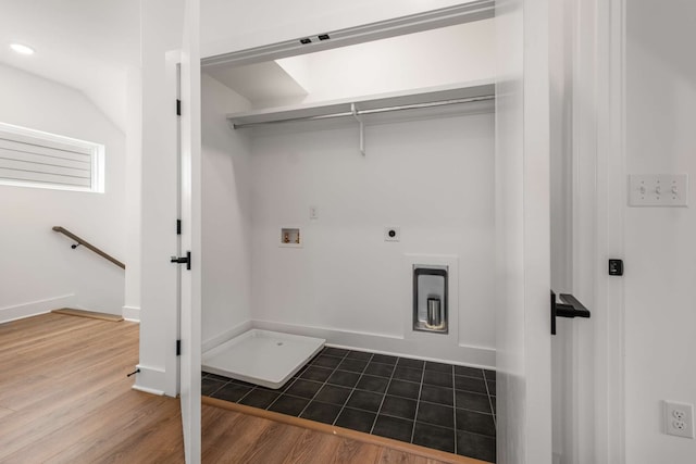 laundry area with hardwood / wood-style floors, electric dryer hookup, and washer hookup