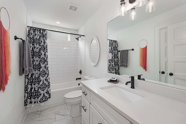 full bathroom featuring vanity, toilet, and shower / bathtub combination with curtain