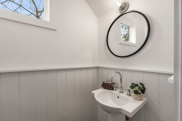 bathroom with wood walls, vaulted ceiling, a healthy amount of sunlight, and sink