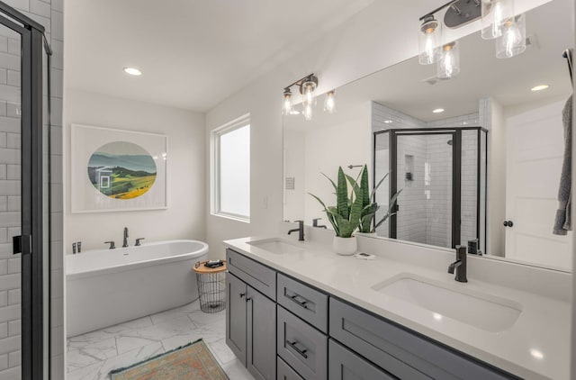 bathroom with plus walk in shower and vanity