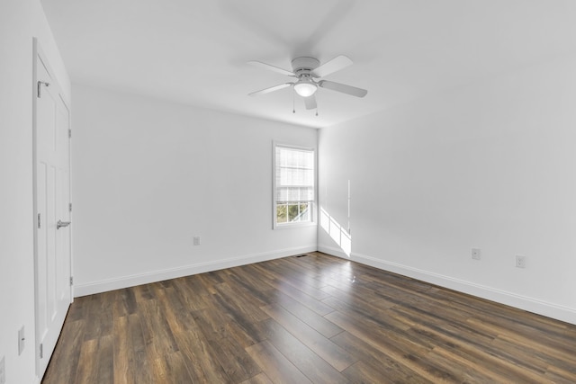 unfurnished room featuring dark wood-type flooring and ceiling fan