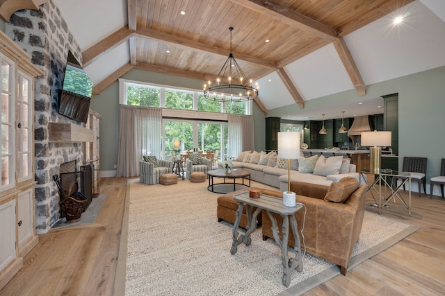 living room with high vaulted ceiling and light wood-type flooring