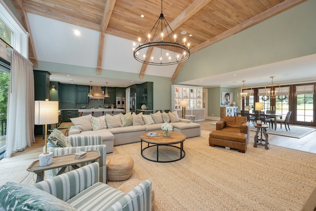 living room featuring a chandelier, wooden ceiling, high vaulted ceiling, beamed ceiling, and light hardwood / wood-style flooring