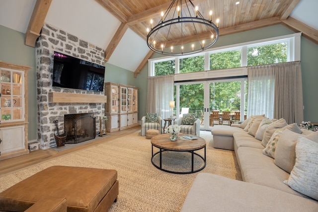 living room with a fireplace, a notable chandelier, high vaulted ceiling, wood ceiling, and light hardwood / wood-style flooring