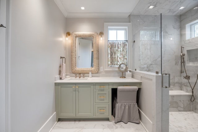 bathroom featuring vanity, a healthy amount of sunlight, crown molding, and a shower with door