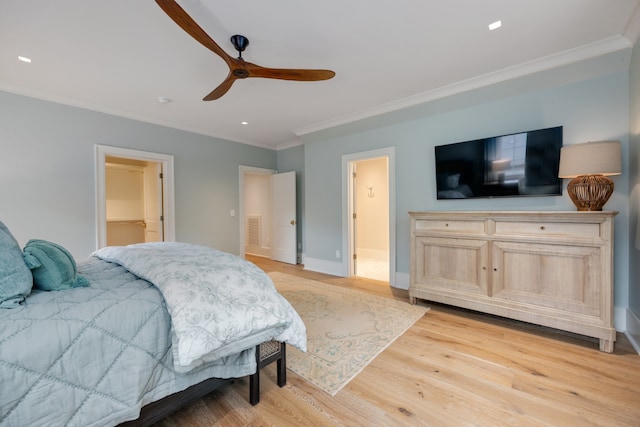 bedroom featuring ornamental molding, ceiling fan, a spacious closet, a closet, and light wood-type flooring