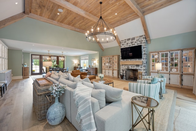 living room featuring wooden ceiling, beamed ceiling, high vaulted ceiling, a fireplace, and light hardwood / wood-style flooring