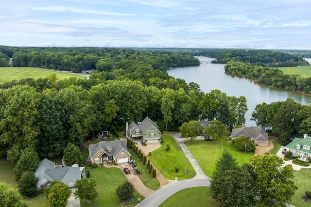 drone / aerial view with a water view