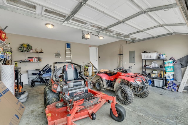 garage with electric panel and a garage door opener