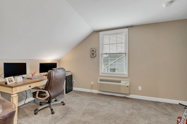 carpeted office with vaulted ceiling and a wall mounted air conditioner