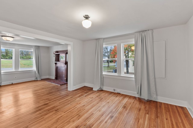 spare room featuring a wealth of natural light and light hardwood / wood-style floors