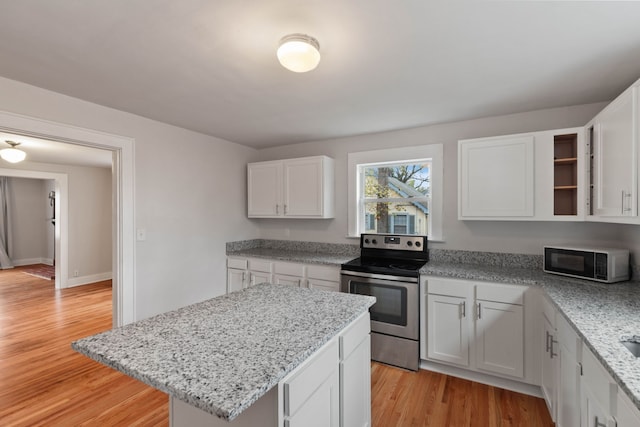 kitchen with white cabinetry, stainless steel range with electric stovetop, and light hardwood / wood-style floors