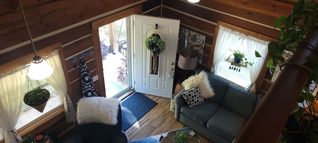 entryway with hardwood / wood-style flooring, lofted ceiling, and a healthy amount of sunlight