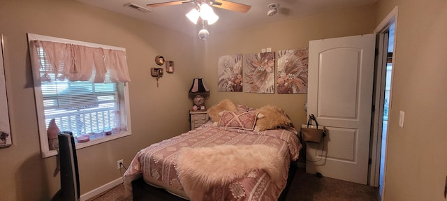 bedroom featuring carpet flooring and ceiling fan