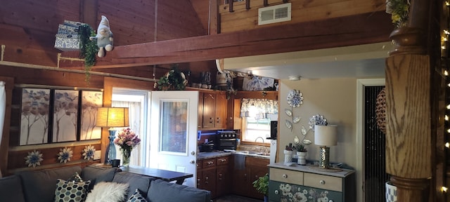 kitchen with wooden walls, sink, and vaulted ceiling