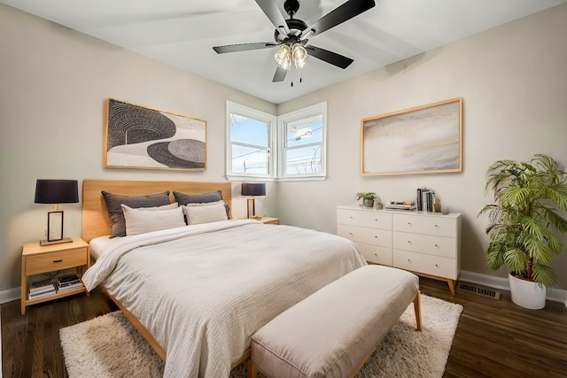 bedroom with ceiling fan and dark hardwood / wood-style floors