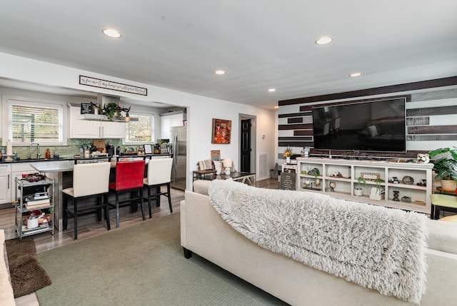 living room featuring dark hardwood / wood-style flooring and sink