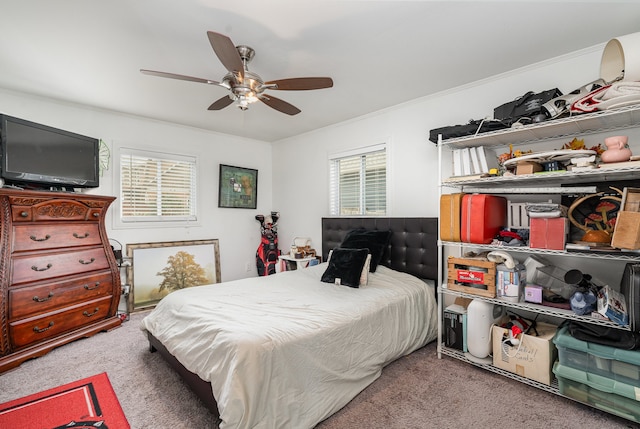 bedroom featuring ceiling fan, crown molding, and carpet floors