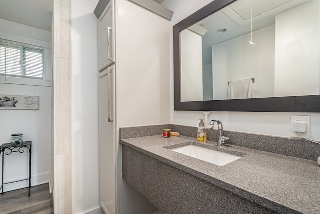 bathroom featuring vanity and wood-type flooring